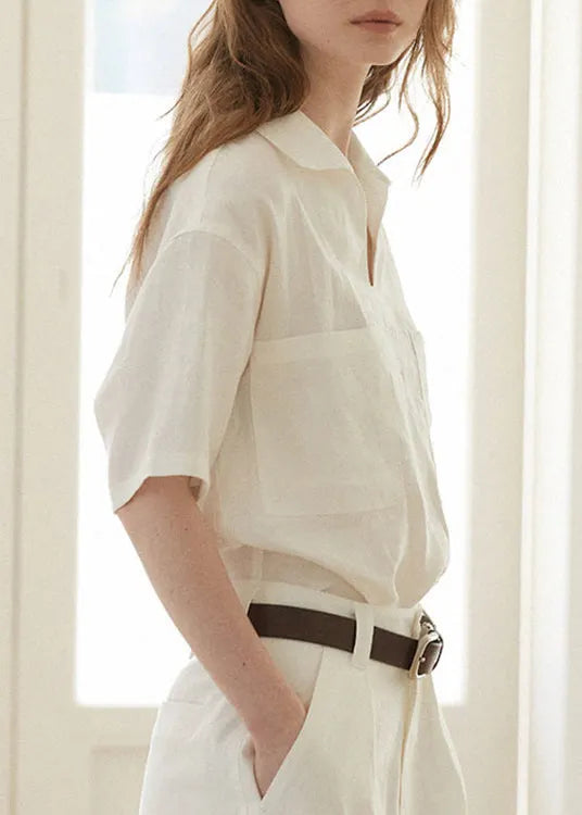 Simple Style Beige V Neck Pockets Linen Shirts Summer