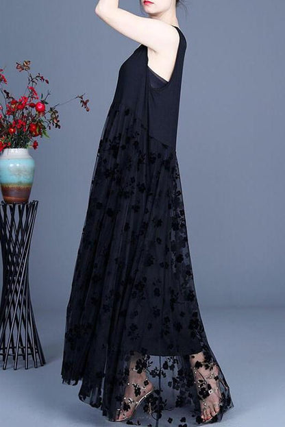 Lace Retro Stitching Maxi Pinafore Dress