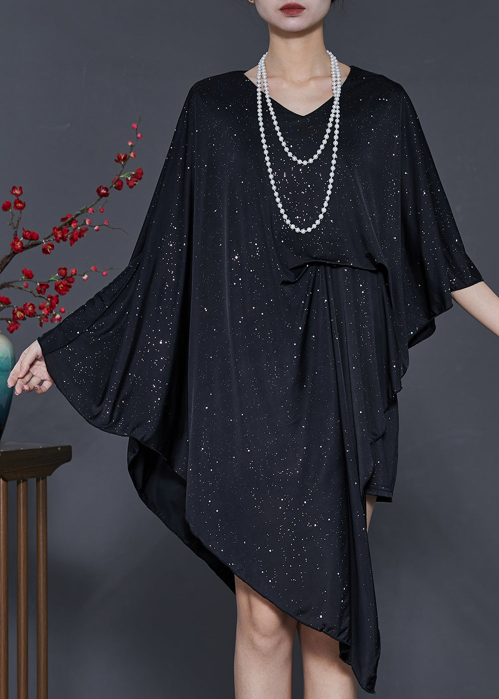 Black Sequins Asymmetrical Design Silk Dress Summer