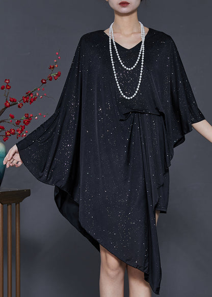 Black Sequins Asymmetrical Design Silk Dress Summer