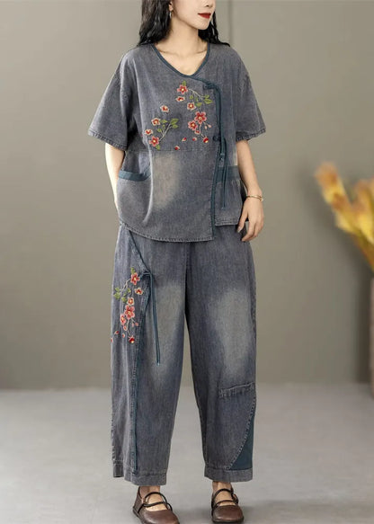 Blue Embroidered Tops and Crop Pants Denim Two Pieces Set Summer