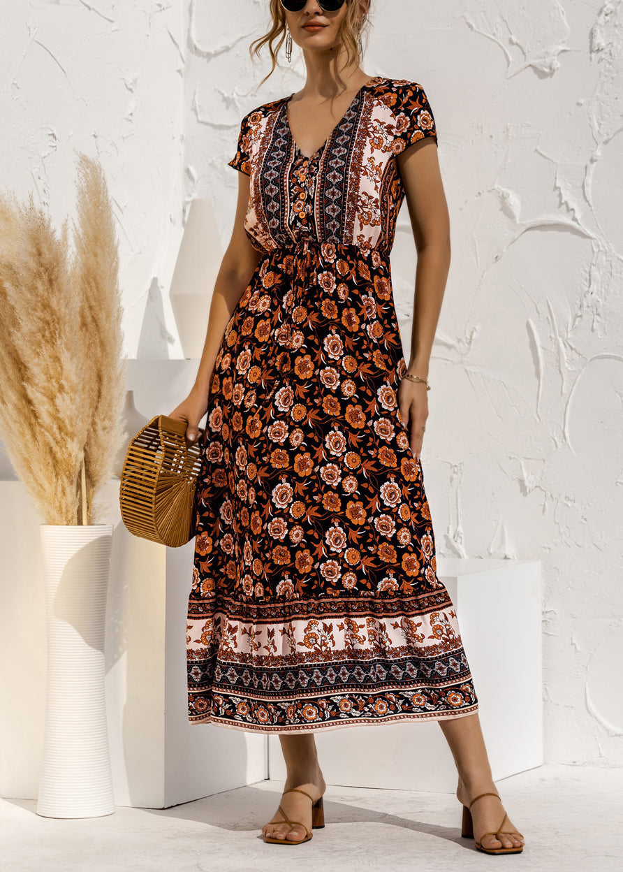 Blue V Neck Print Drawstring Cotton Long Dress Summer