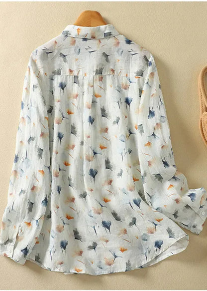 Unique Light Yellow Oversized Print Linen Shirt Tops Spring