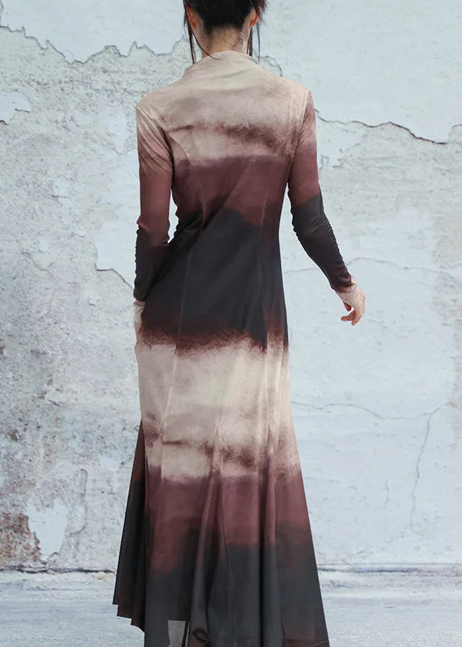Slim Fit Gradient Color Turtleneck Tulle Long Dresses Fall