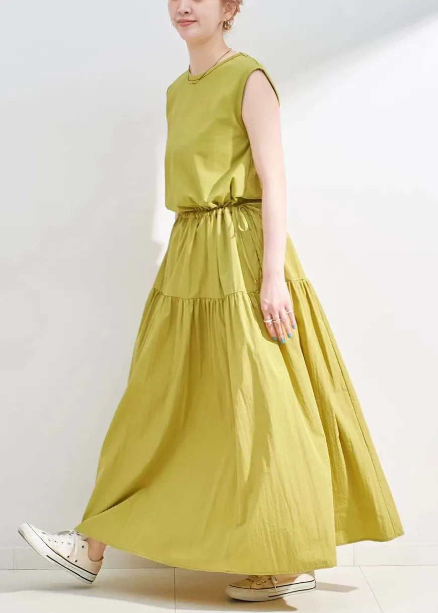Grass Green Patchwork Cotton Long Dress Drawstring Sleeveless