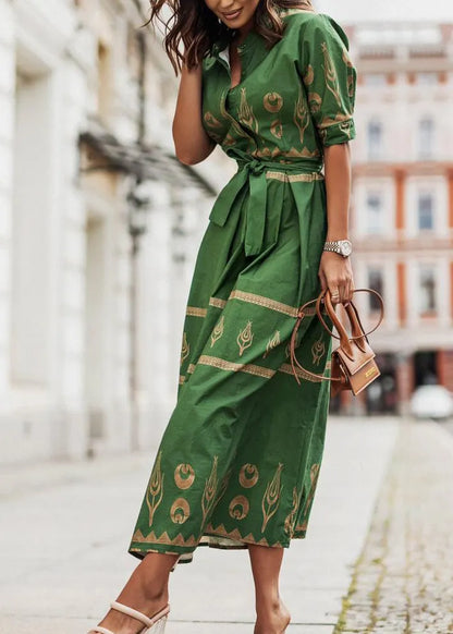 Stylish Green Stand Collar Print Tie Waist Cotton Dress Summer