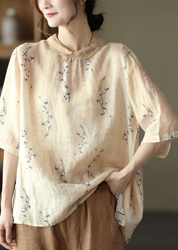 Diy Orange Print4 Ramie Half Sleeve Shirt Summer