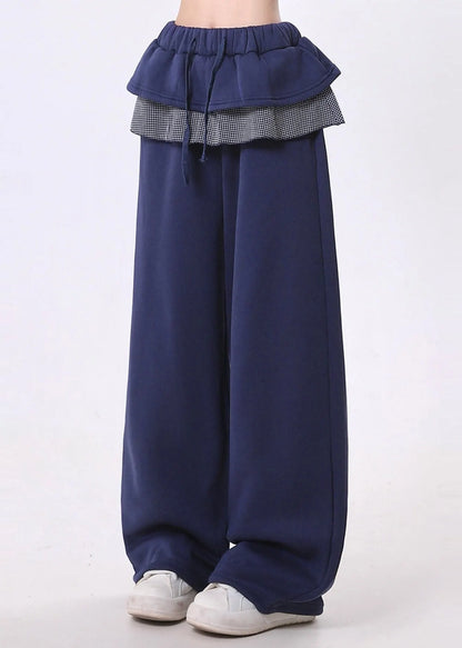 Navy Elastic Waist Patchwork Ruffles Cotton Pants Spring
