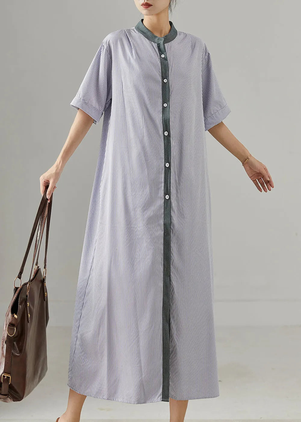 Modern Grey Stand Collar Striped Cotton Shirt Dress Summer