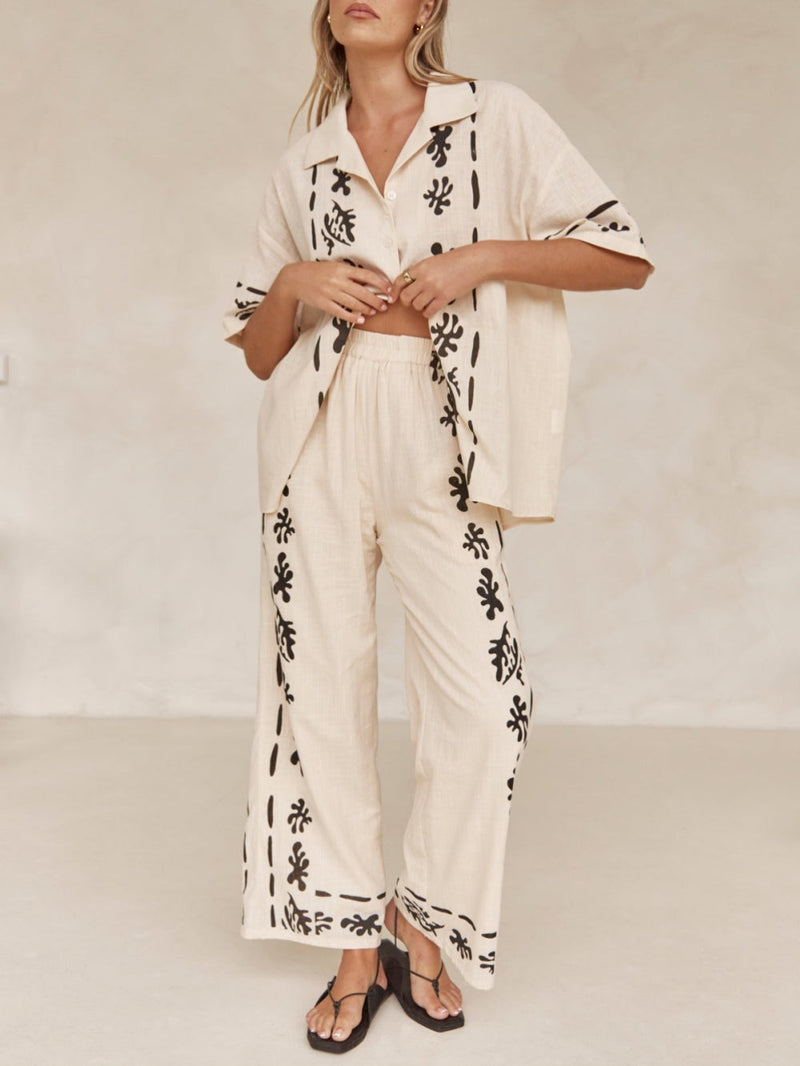 Wide Leg Black Printed Cream Pants