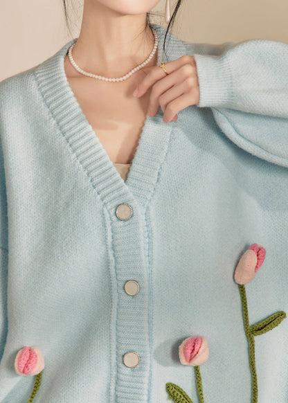 Loose Cozy Blue V Neck Knit Cardigan Fall