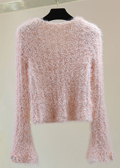 Pink O-neck Ma Hai Mao Cotton Knit Sweaters Winter