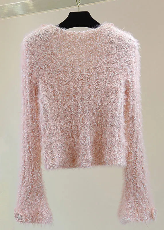 Pink O-neck Ma Hai Mao Cotton Knit Sweaters Winter