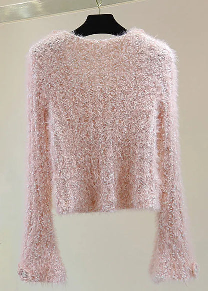 Pink O-neck Ma Hai Mao Cotton Knit Sweaters Winter
