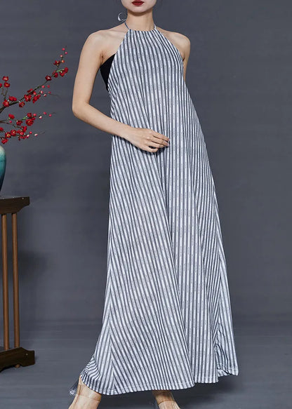 Grey Striped Backless Cotton Beach Dress Summer