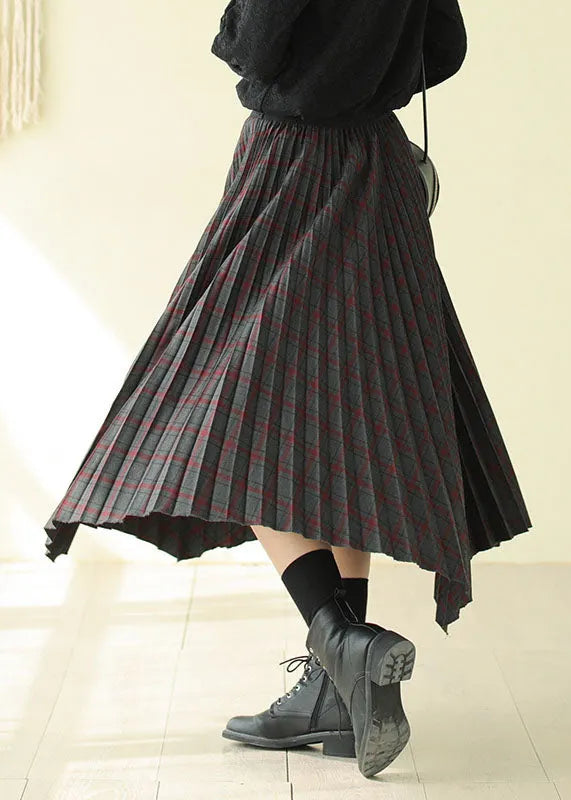 Chocolate Elastic Waist Asymmetrical Design Plaid Cotton Skirt Fall