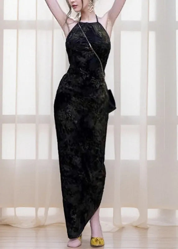 Fitted Black Print Side Open Long Spaghetti Strap Dress Sleeveless