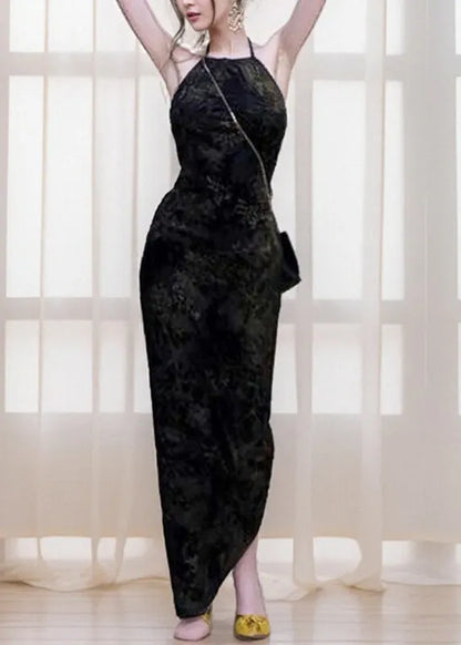 Fitted Black Print Side Open Long Spaghetti Strap Dress Sleeveless