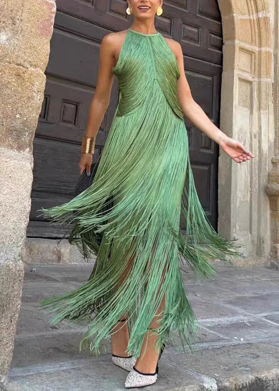 Green Tassel Patchwork Maxi Spaghetti Strap Dress Sleeveless