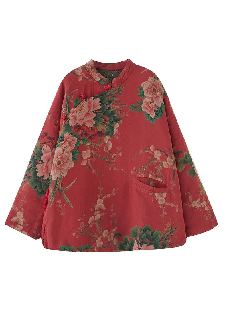 Red Pockets Print Lace Up Fine Cotton Filled Coat Spring