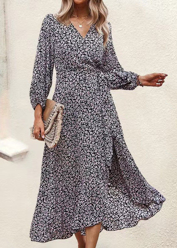 Blue V Neck Print Ruffled Lace Up Chiffon Dress Long Sleeve
