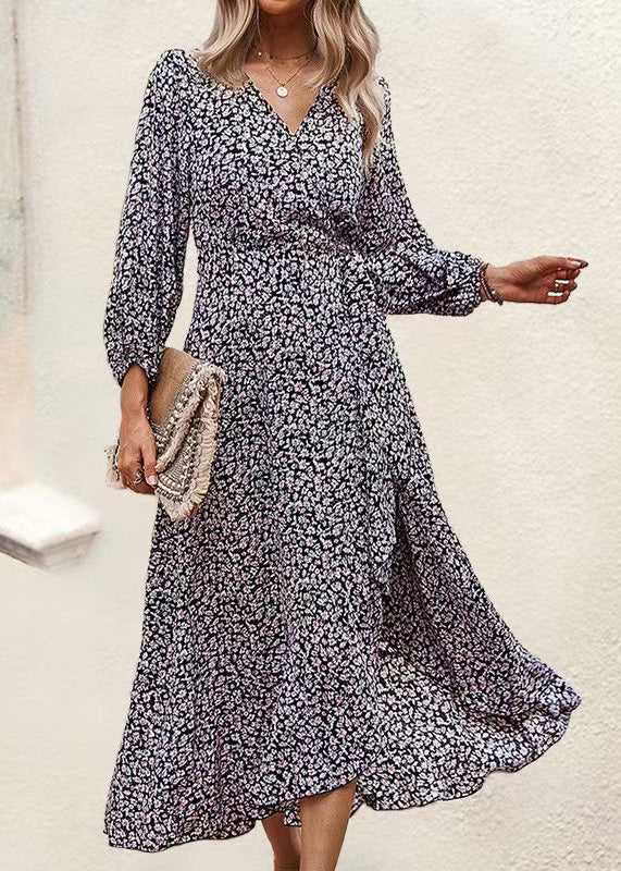 Blue V Neck Print Ruffled Lace Up Chiffon Dress Long Sleeve