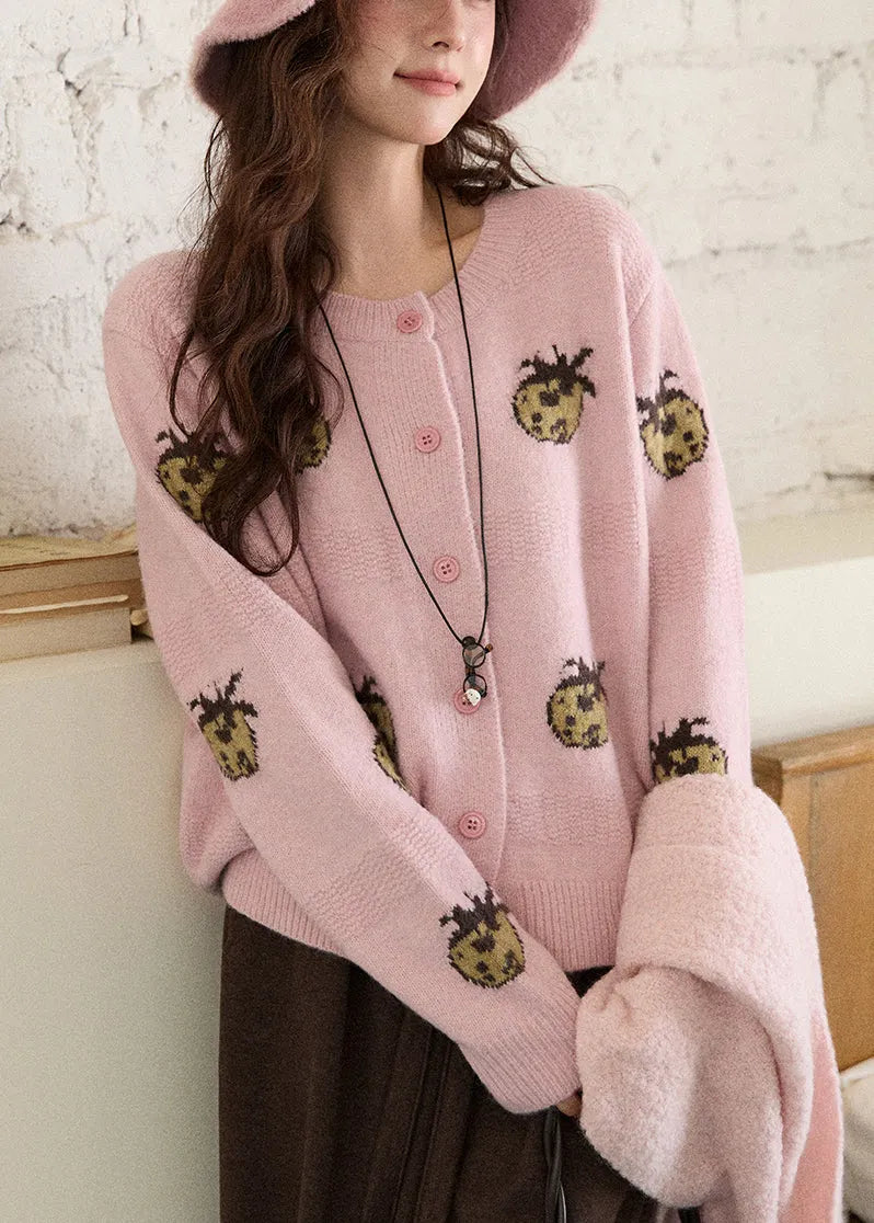 Pink O-neck Patchwork Cotton Knit Cardigans Fall