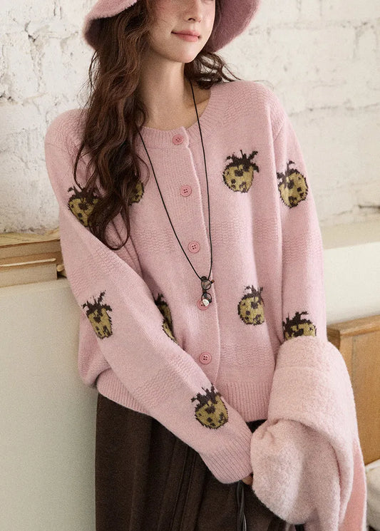 Pink O-neck Patchwork Cotton Knit Cardigans Fall