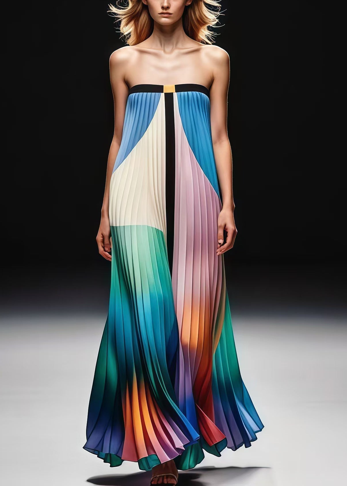 Gradient Color Print Wrinkled Chiffon Strapless Dress Summer