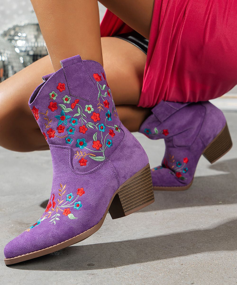 Purple Pointed Embossed Boots Suede Chunky Ankle Boots