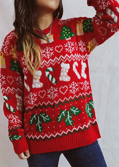Stylish Red O Neck Jacquard Thick Christmas Knitted Sweaters Winter