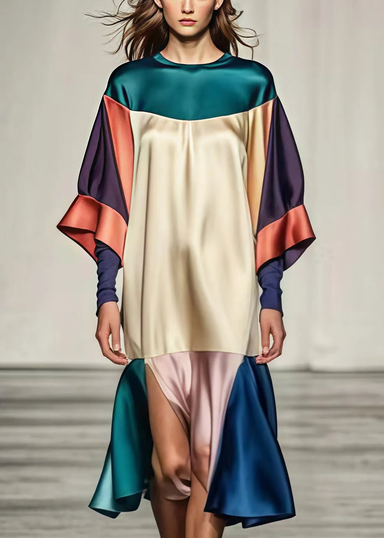 Colorblock Oversized Patchwork Side Open Silk Dress Summer