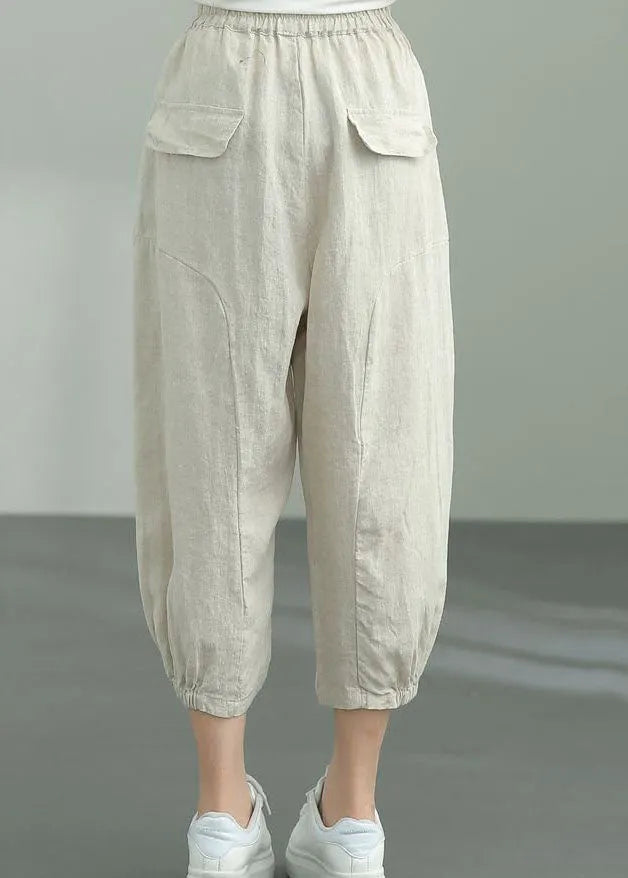 Beige Pockets Patchwork Linen Lantern Pants Summer