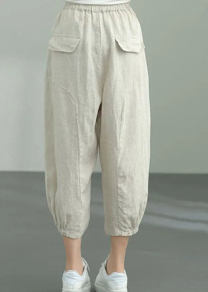 Beige Pockets Patchwork Linen Lantern Pants Summer