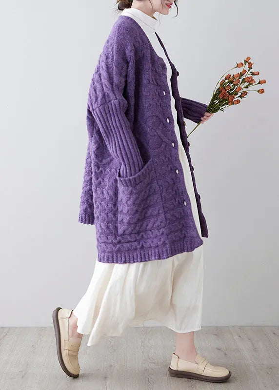 Purple O-neck Button Knit Loose Knit Cardigans Spring