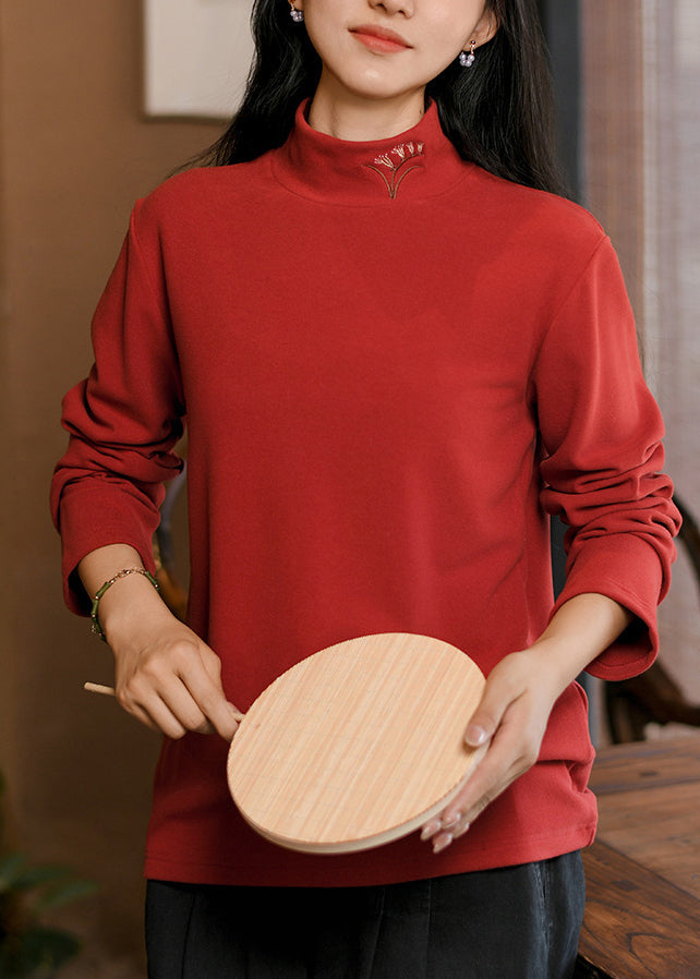Original Red Hign Neck Embroidered Cotton T Shirt Spring
