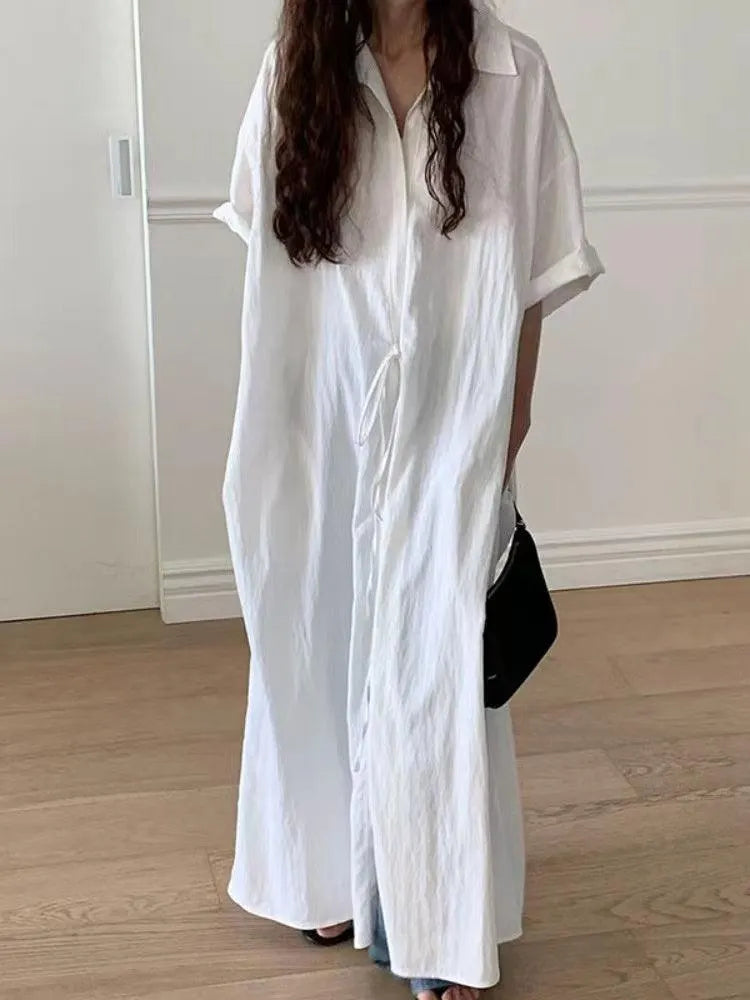 White Lapel Short Sleeve Shirt Dress
