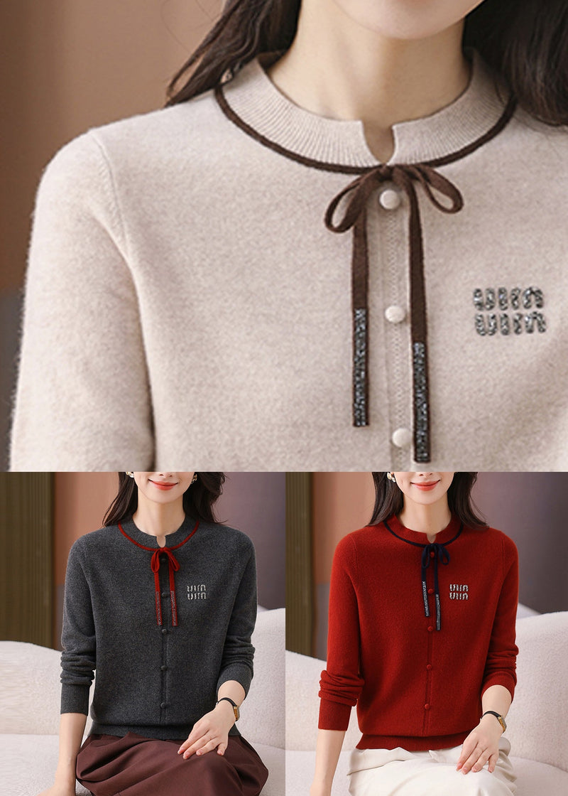 Beige Bow Cozy Woolen Winter Sweater O Neck