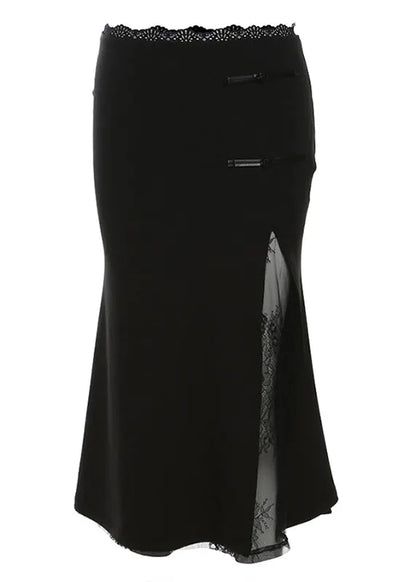New Chinese Style Black Lace Patchwork Slit Skirt Summer