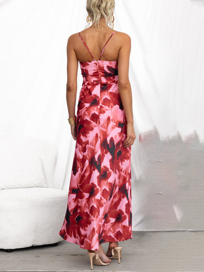 Ruched Bust Print Slip Maxi Dress