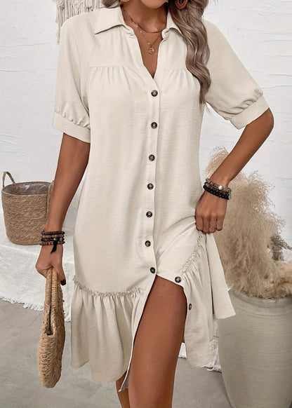 Apricot Button Ruffled Patchwork Cotton Dress Summer