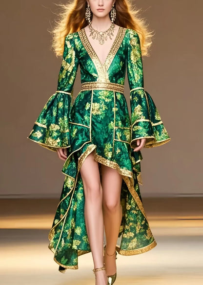 Style Tea Green Print Low High Design Spandex Party Dress Flare Sleeve