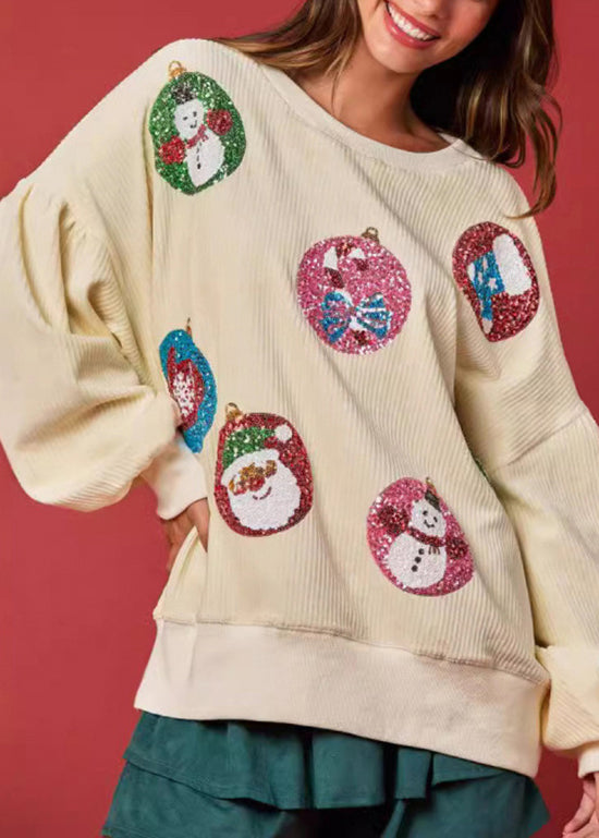 Apricot O Neck Sequins Corduroy Sweatshirts Winter
