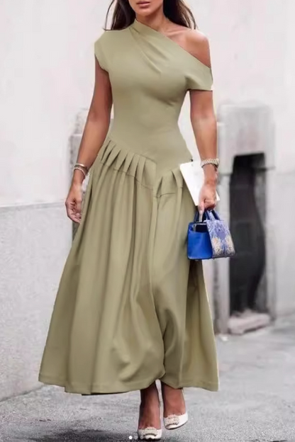 Street Color Ruched Irregular Oblique Collar Sleeveless Dresses(3 Colors)