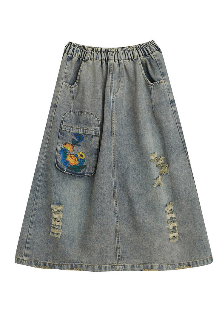 Denim Blue Hole Elastic Waist a Line Skirts Summer