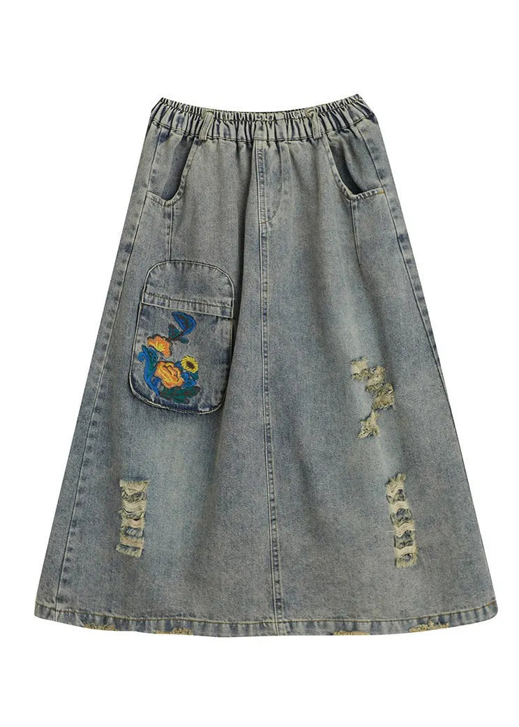 Denim Blue Hole Elastic Waist a Line Skirts Summer