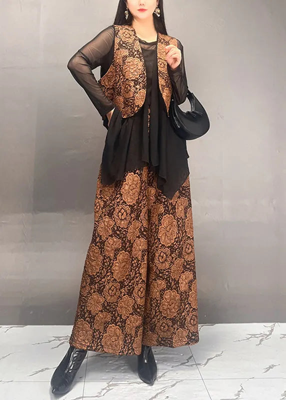 Stylish Gold Tulle Patchwork Coats and Wide Leg Pants Two Piece Set Fall