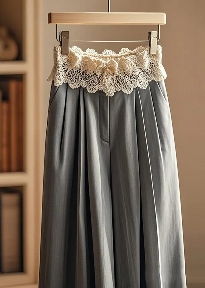 Grey Wrinkled Patchwork Lace Wide Leg Pants Fall