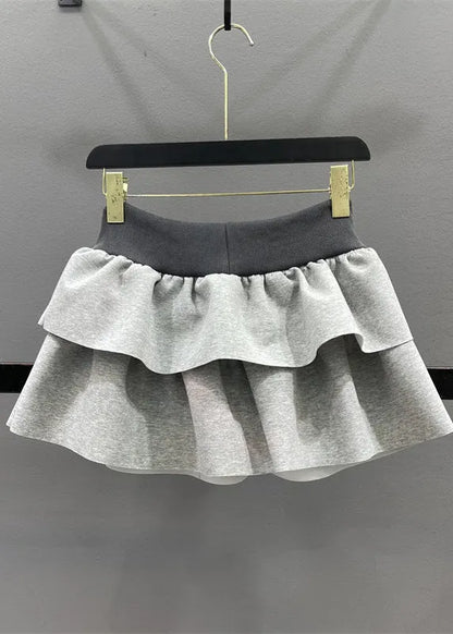 Natural Grey Elastic Waist Drawstring a Line Skirts