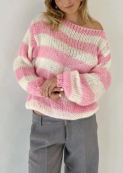 Loose Blue O Neck Striped Cozy Knit Sweater Fall